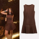 3D Cutout Mini Dress with ETJ 2025 New Product, Pleated Skirt Design Brown Round Neck Sleeveless Short Dress for Women